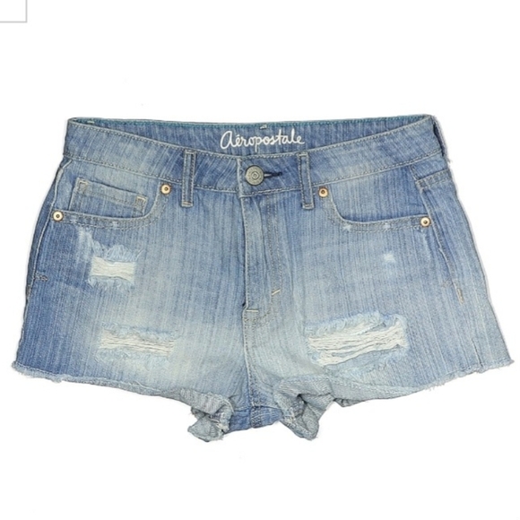 Aeropostale High Rise Shorty Distressed Blue Denim Jean Shorts Jorts Women's 2 - Picture 1 of 8
